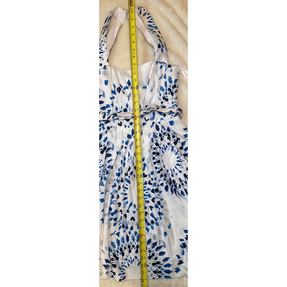 WHBM dress Blue White Geometric Diamond Print Halter Fit & Flare Sunburst Belted - Picture 8 of 11
